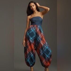 Anthropologie Maeve Plaid Strapless Balloon Leg Jumpsuit Navy Orange Blue Harem‎